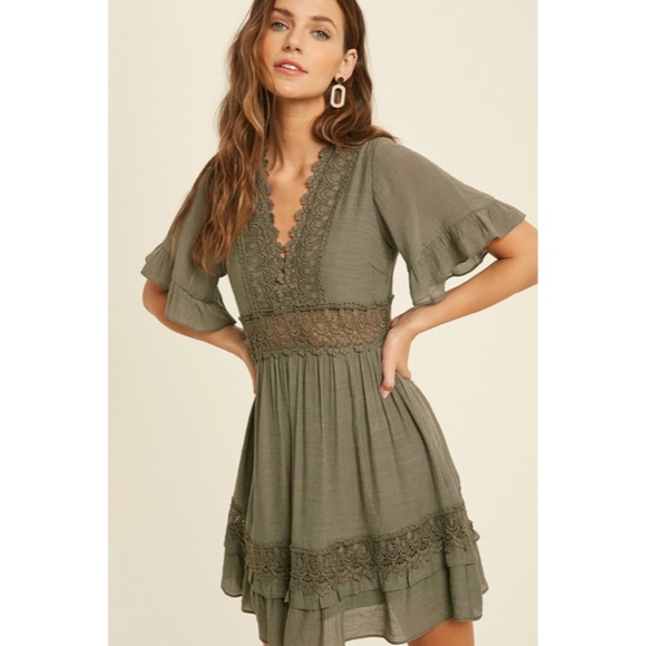 Dainty Olive Green Bohemian Crochet Lace Trim Ruffle Short Sleeve Mini Dress - Picture 3 of 5